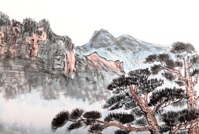 Papier peint  Montagnes et arbres peints