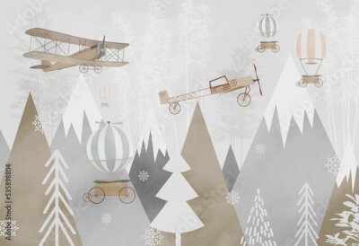 Papier peint  Montagnes et avions pour enfants dans un style scandinave