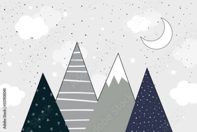 Papier peint  Montagnes la nuit avec la lune et les étoiles - style scandinave