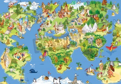 Papier peint  Monuments et animaux sur une carte du monde