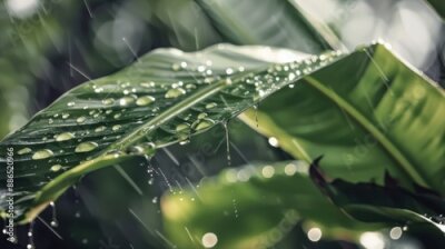 Papier peint  moody strelitzia green leaf close-up background, bird of paradise with raindrops