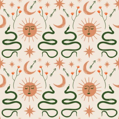 Moon and Sun boho magical seamless pattern with snakes in vector.