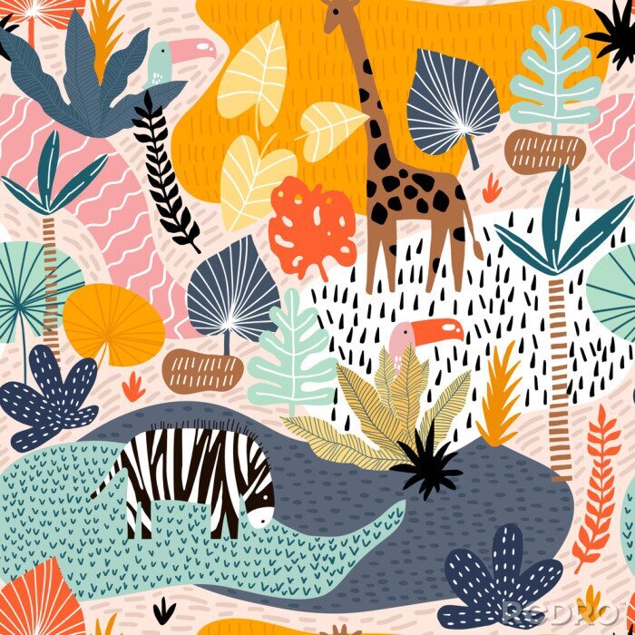 Papier peint  Motif animal safari coloré parmi les plantes tropicales