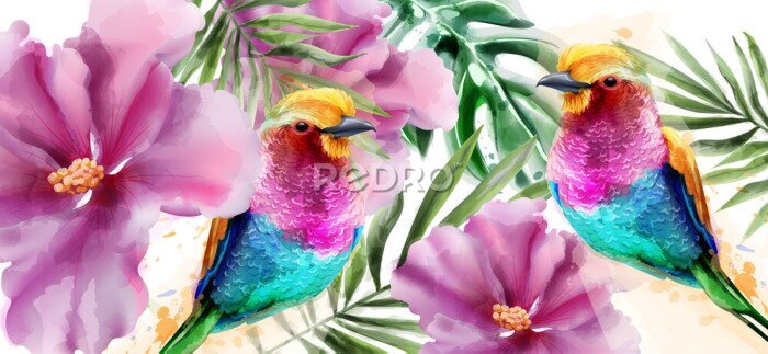 Papier peint  Motif aquarelle avec des oiseaux tropicaux au milieu de fleurs