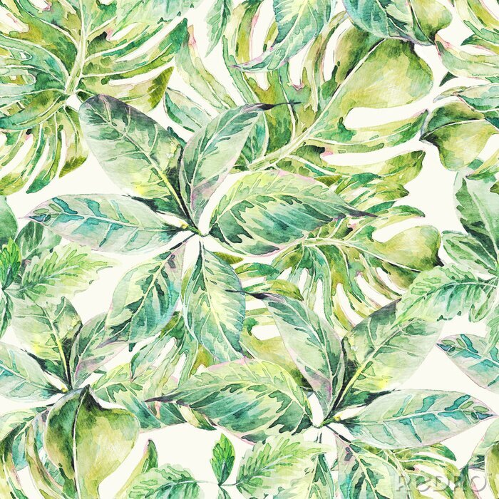 Papier peint  Motif aquarelle feuilles vert intense