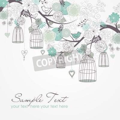 Papier peint  Motif arbre, oiseaux bleus et cages