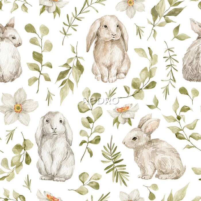 Papier peint  Motif avec des lapins au milieu de feuilles version aquarelle