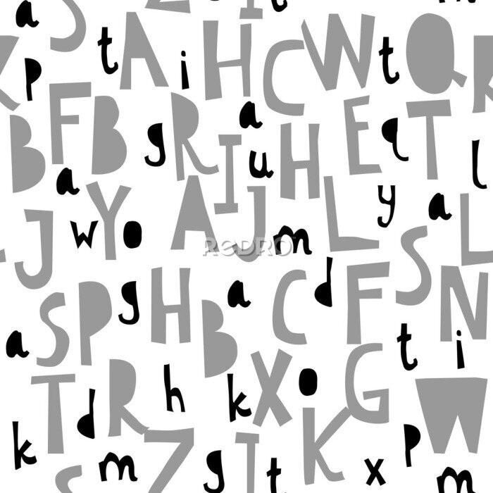 Papier peint  Motif avec des lettres de l'alphabet grises et noires sur fond blanc