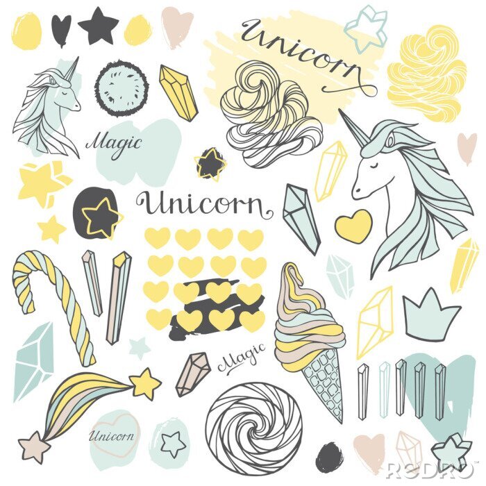 Papier peint  Motif avec des licornes, étoiles et bonbons