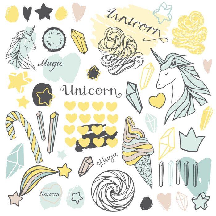 Papier peint  Motif avec des licornes, étoiles et bonbons