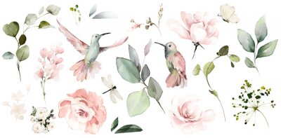 Motif avec des oiseaux et des fleurs version aquarelle