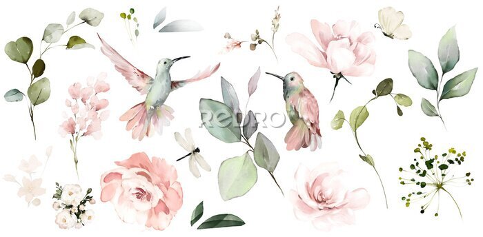 Papier peint  Motif avec des oiseaux et des fleurs version aquarelle