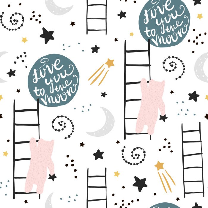 Papier peint  Motif avec des oursons étoiles et lune