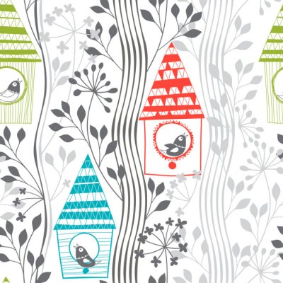 Papier peint  Motif avec des plantes, des oiseaux et des mangeoires