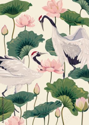 Poster  Motif avec lotus et grues