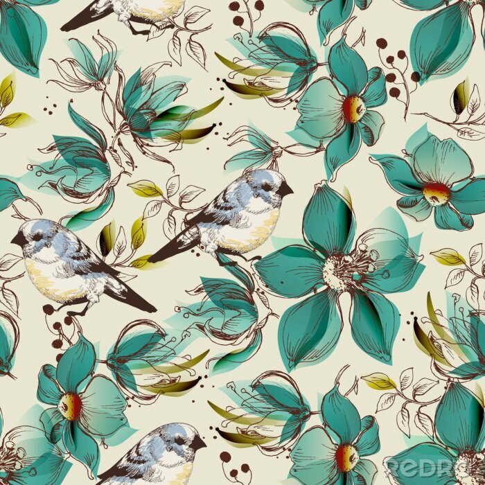 Papier peint  Motif avec oiseaux peints et fleurs turquoises