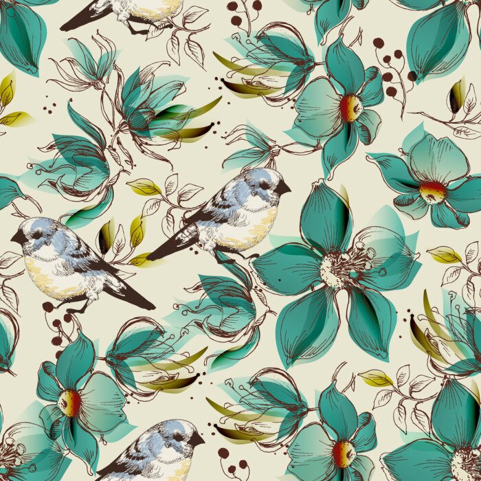 Papier peint  Motif avec oiseaux peints et fleurs turquoises