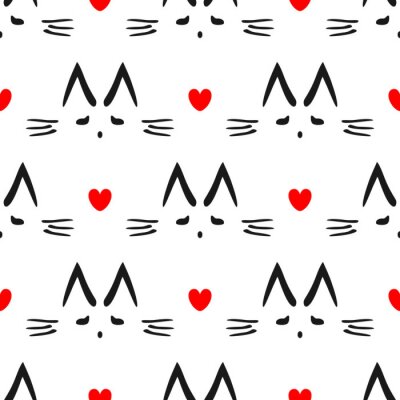 Papier peint  Motif avec un chat et des cœurs rouges