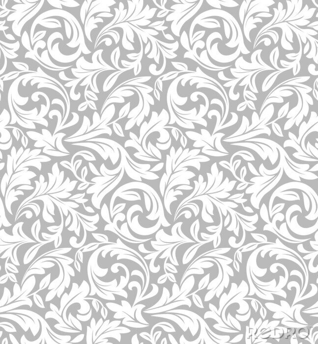 Papier peint  Motif blanc à feuilles sur fond gris