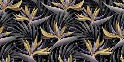 Papier peint  Motif botanique abstrait de fleurs de strelitzia dorées sur fond sombre
