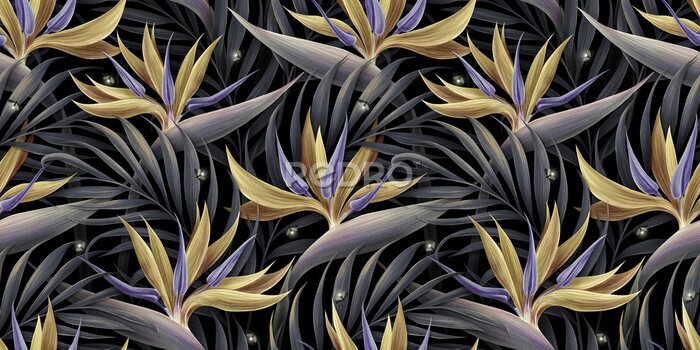 Papier peint  Motif botanique abstrait de fleurs de strelitzia dorées sur fond sombre
