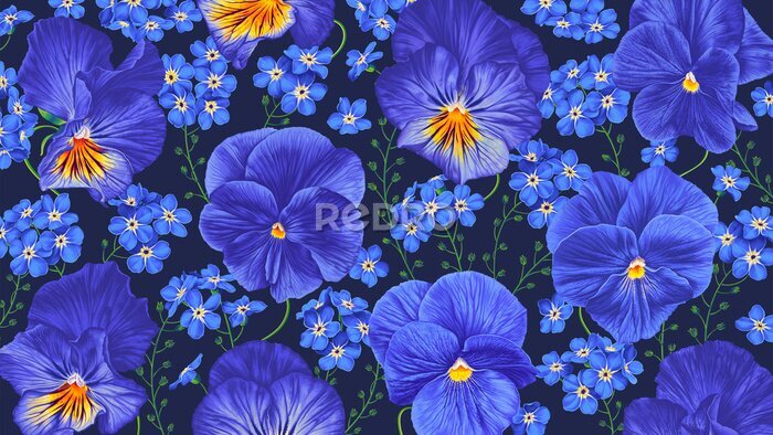 Papier peint  Motif botanique de fleurs bleues