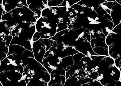 Papier peint  Motif chinoiserie noir avec oiseaux et arbre