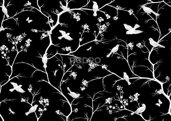 Papier peint  Motif chinoiserie noir avec oiseaux et arbre