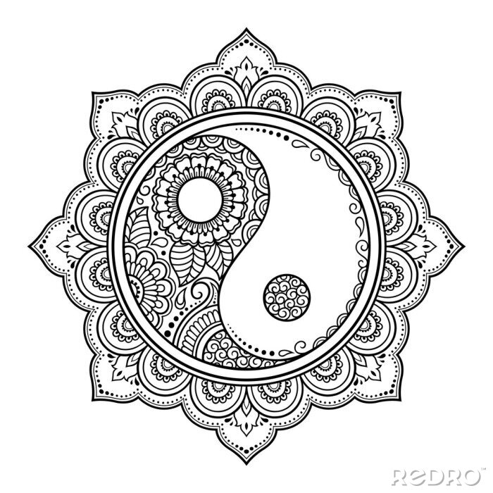 Papier peint  Motif circulaire en forme de mandala pour le henné, le Mehndi, le tatouage, la décoration. Ornement décoratif dans le style oriental avec Yin-yang dessinés à la main symbole. Page de livre à colorier.