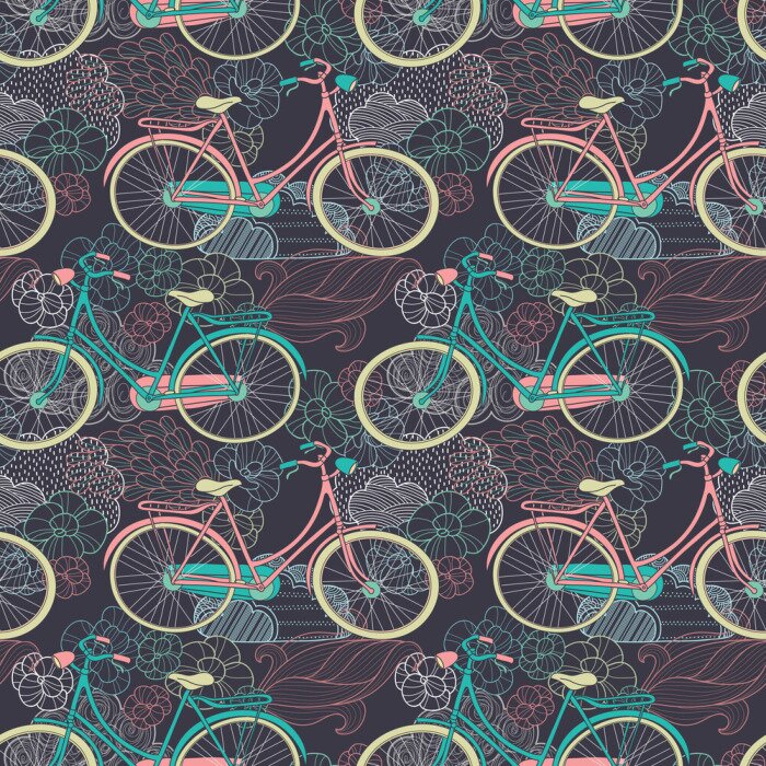 Papier peint  Motif coloré avec vélos et fleurs