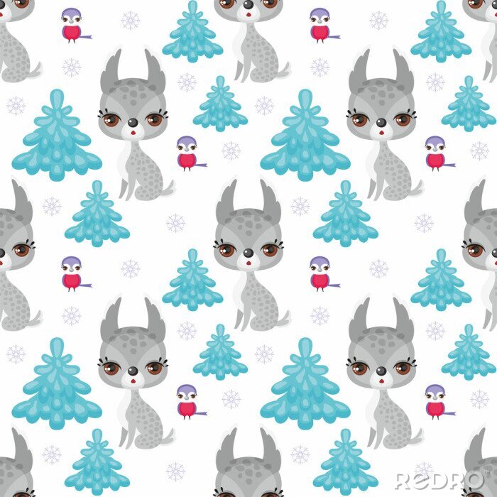 Papier peint  Motif coloré multicolore avec l'image des animaux mignons des bois. Contexte hivernal.