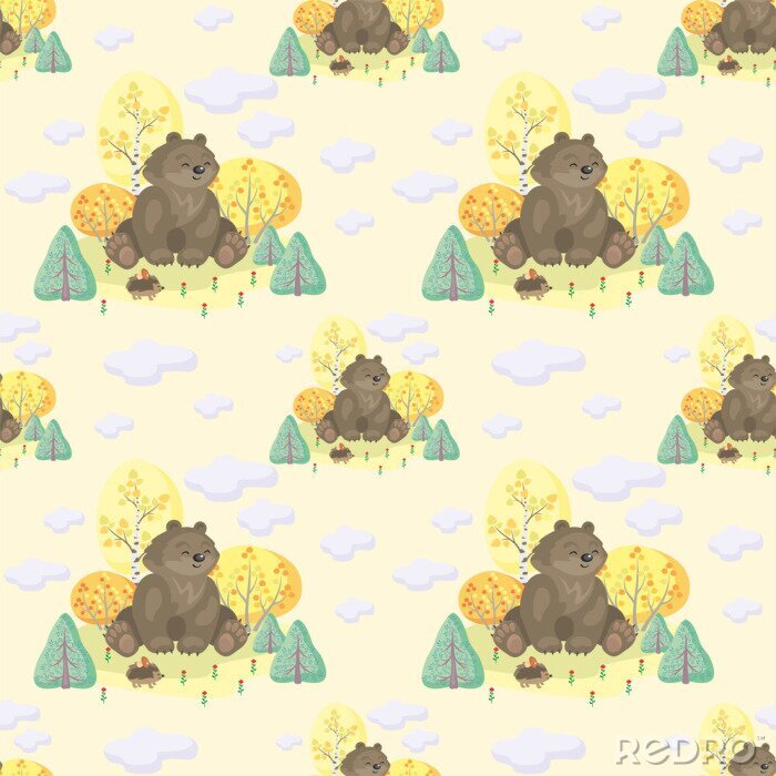Papier peint  Motif coloré multicolore avec l'image des animaux mignons des bois et des arbres d'automne. Contexte vectoriel.