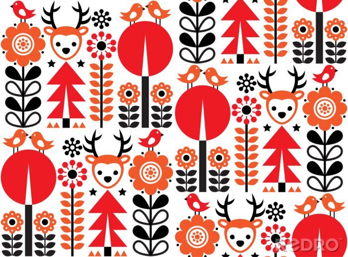 Papier peint  Motif d'art populaire vectorielle continue d'inspiration finlandaise - style scandinave, nordique avec des fleurs et des animaux