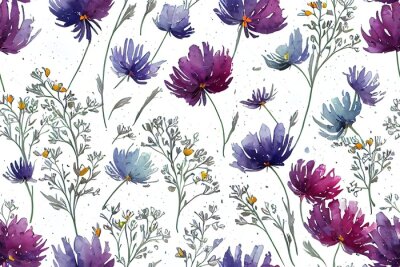 Papier peint  Motif de fleurs dans un style aquarelle sur fond blanc