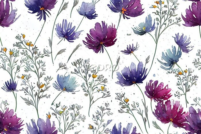 Papier peint  Motif de fleurs dans un style aquarelle sur fond blanc