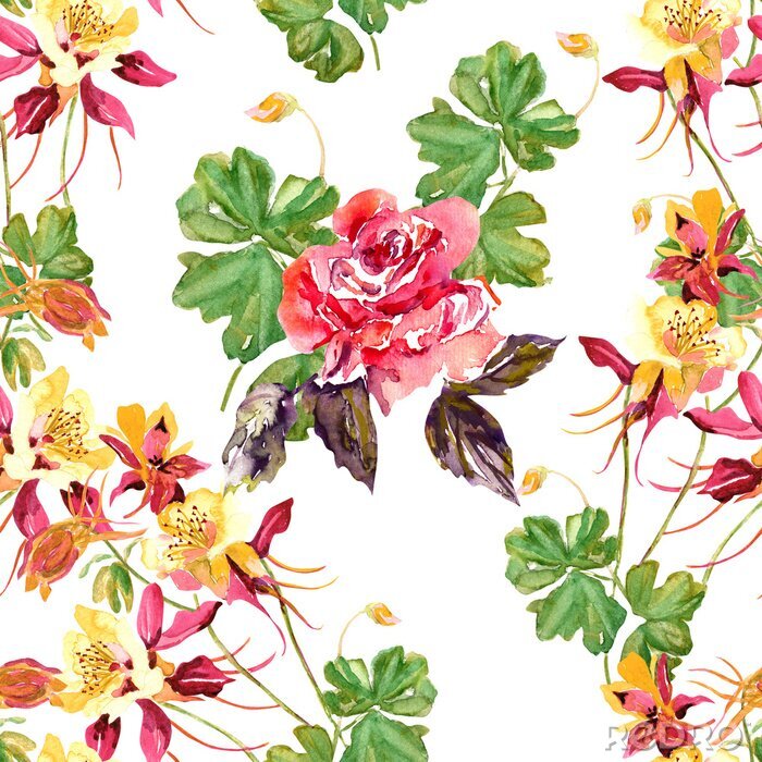 Papier peint  Motif de fleurs roses et feuilles