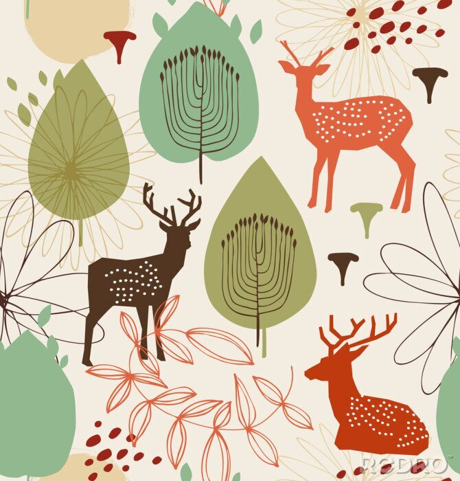 Papier peint  Motif de la nature sans couture avec les cerfs. Contexte forestier. Texture vectorielle