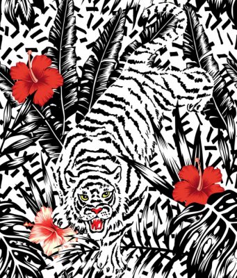 Papier peint  Motif de tigre avec des fleurs