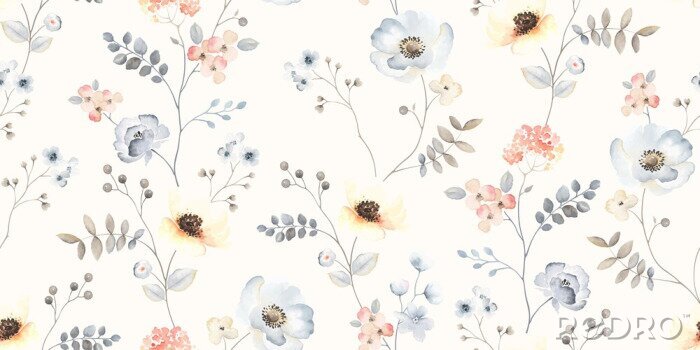 Papier peint  Motif délicat de fleurs bleues et de baies