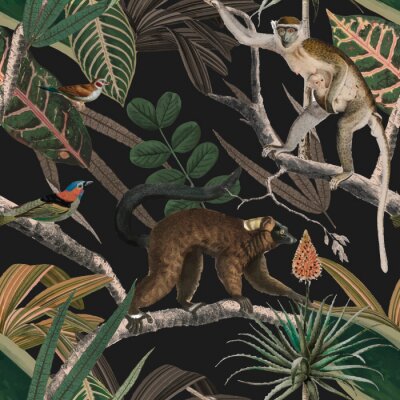 Motif exotique avec des singes en pleine végétation tropicale