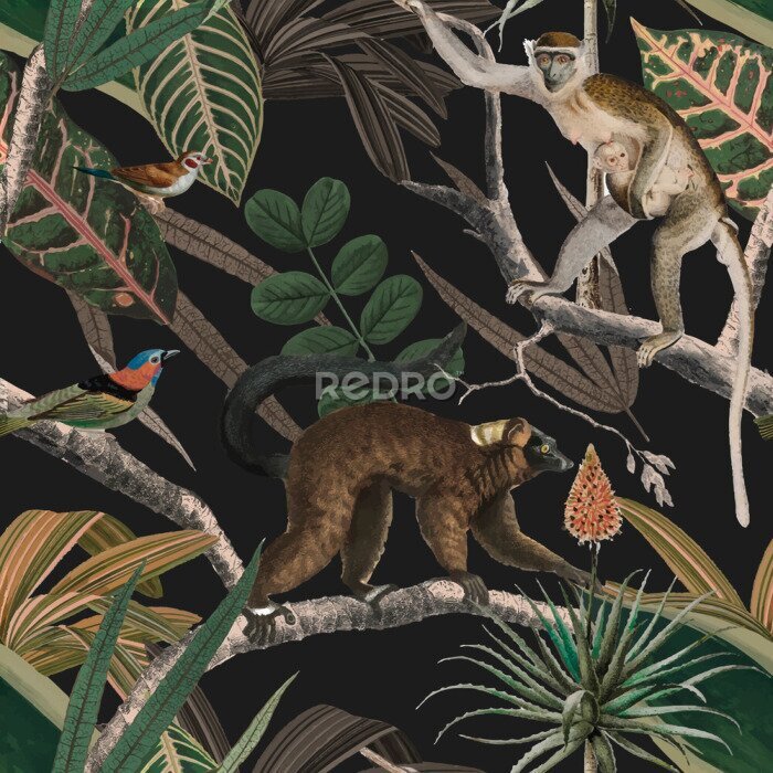 Papier peint  Motif exotique avec des singes en pleine végétation tropicale