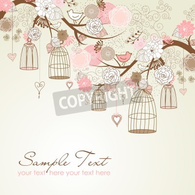 Papier peint  Motif féminin avec des oiseaux et des fleurs