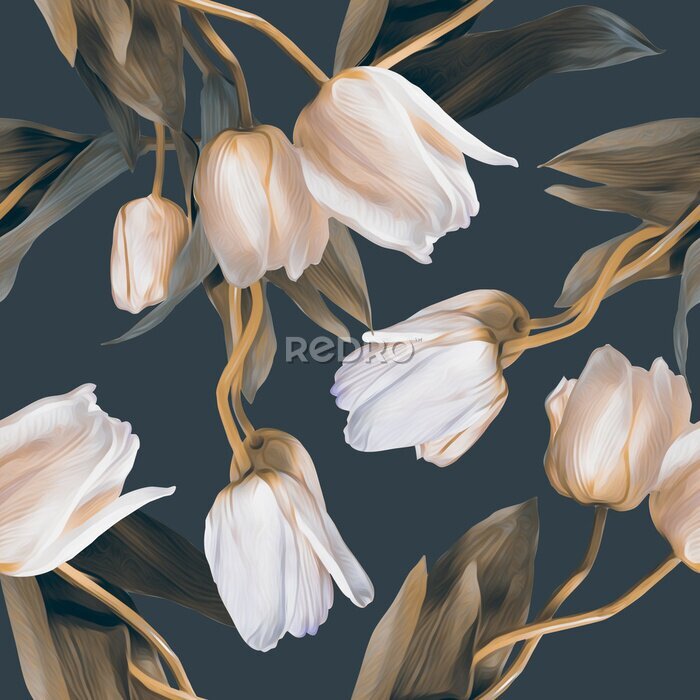 Papier peint  Motif floral avec des tulipes blanches