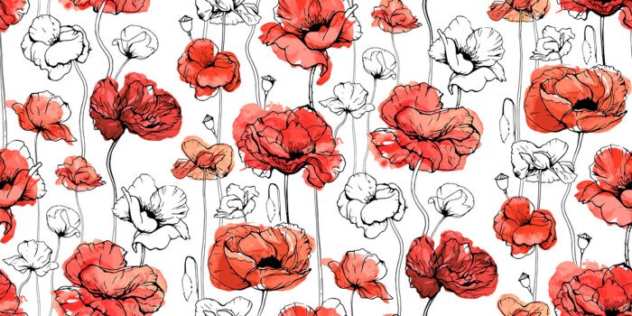 Papier peint  Motif floral avec fleurs rouges et bourgeons