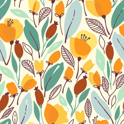 Motif floral sans couture avec des fleurs et des feuilles jaunes. Illustration vectorielle