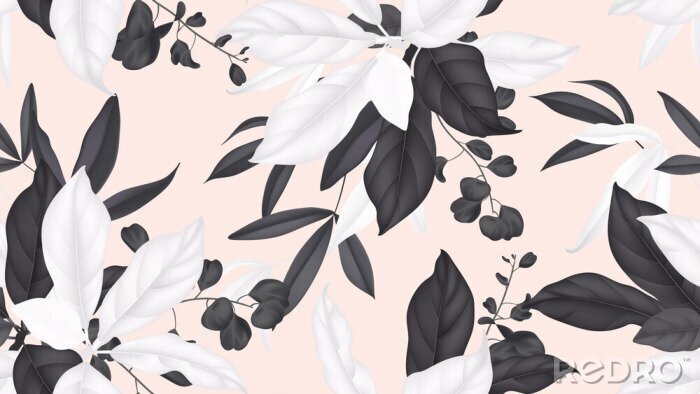 Papier peint  Motif floral sans soudure, feuilles de magnolia noir et blanc, feuilles d'eucalyptus sur fond orange clair