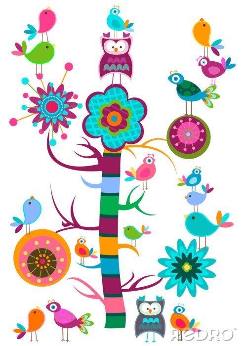 Papier peint  Motif multicolore avec des animaux et la nature