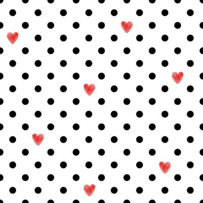 Motif noir et blanc à points et à cœurs rouges