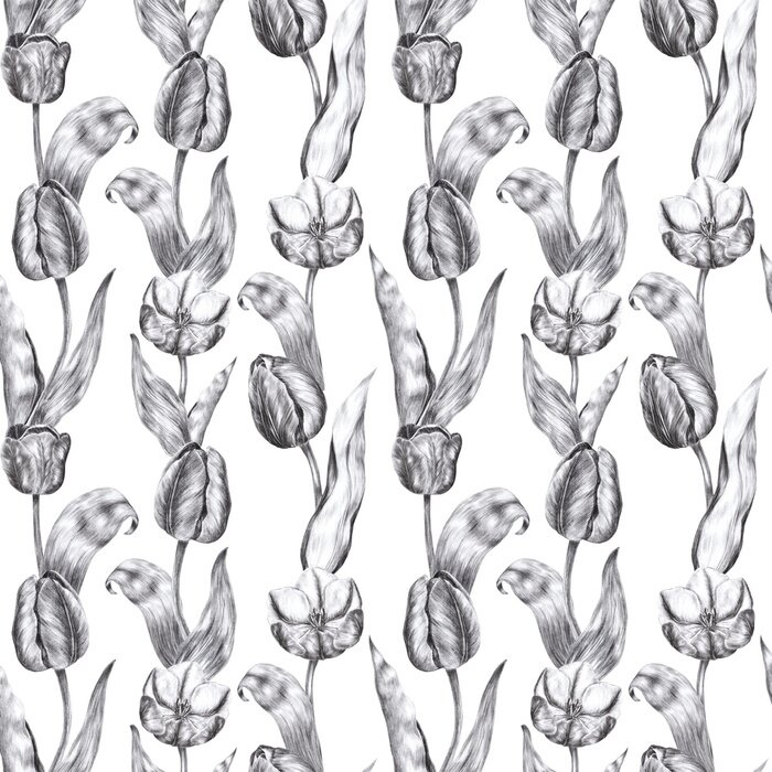 Papier peint  Motif noir et blanc avec des tulipes