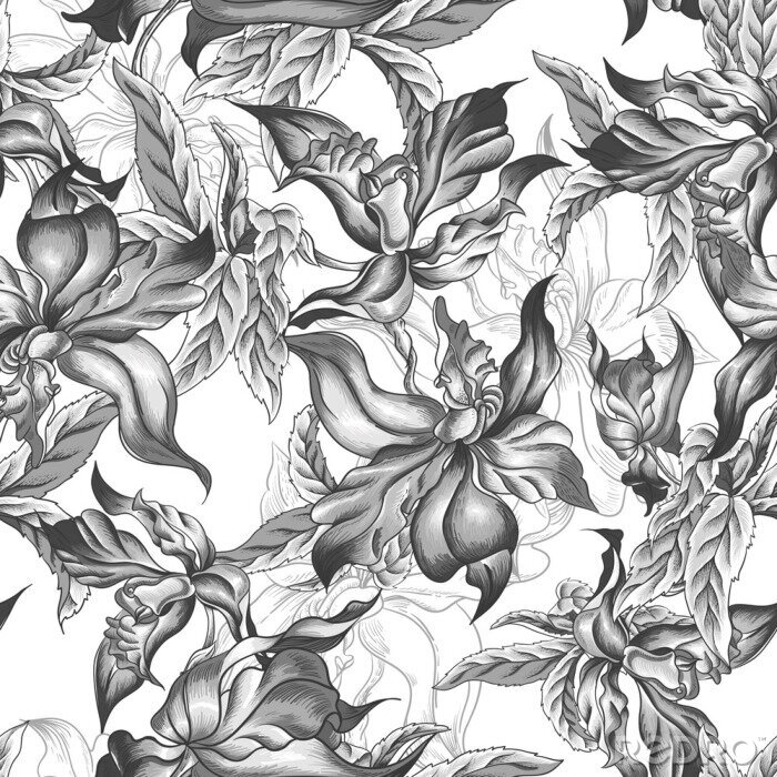Papier peint  Motif noir et blanc feuilles et orchidées